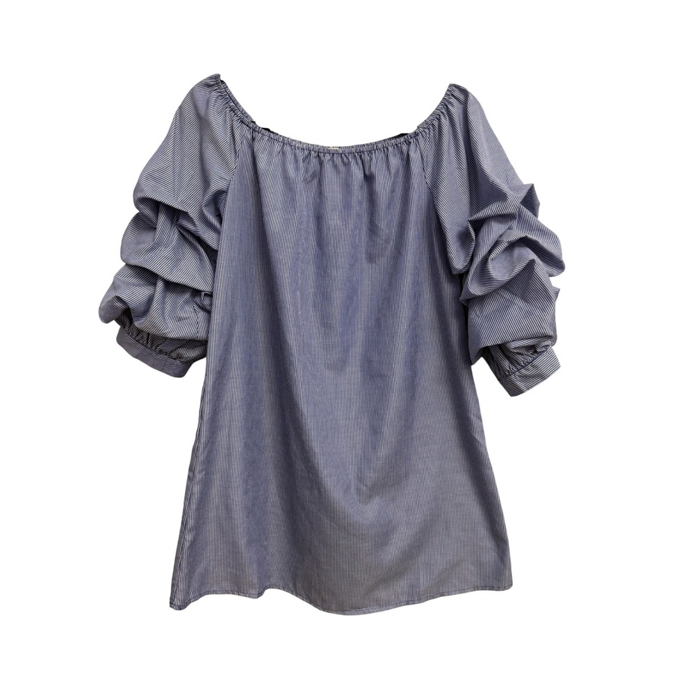 Bleu Ciel Blue White Striped Off Shoulder Tiered Ruffle Sleeve Blouse Small Top